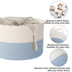90L Large Blanket Basket,21.7"L x 21.7"W x 13.8"H Rope Woven Baskets with Handles, Toys Storage Bins,Laundry Basket Perfect for Living Room, Nursery,Bedroom,Home Organization,White&Blue
