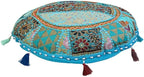 Indian Handmade Patchwork Codework Turquoise Pouf Cover Ottoman Round Floor Pillow Cushion Seating Throw Decorative Pom Pom Pillow Cases Bohemian 32 Inches