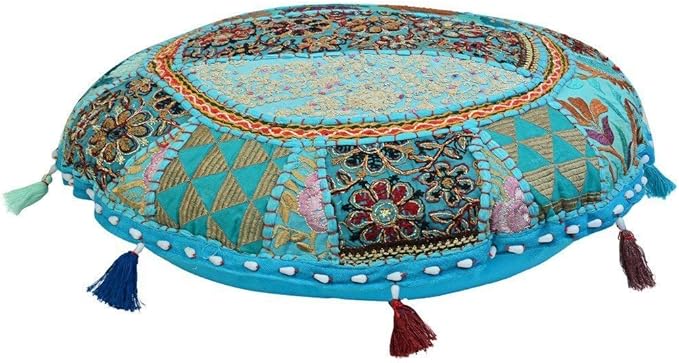 Indian Handmade Patchwork Codework Turquoise Pouf Cover Ottoman Round Floor Pillow Cushion Seating Throw Decorative Pom Pom Pillow Cases Bohemian 32 Inches