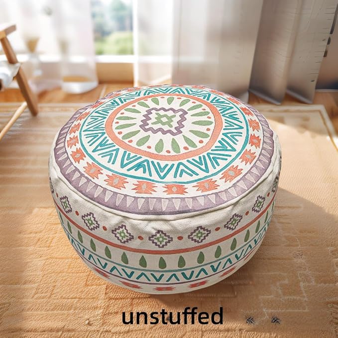 MOCOFO Round Bohemian Ottoman Pouf Cover, 18 Inch, Cotton Blend, Church Window Print, Living Room Storage Footrest, Cover Only (Jade Stone)