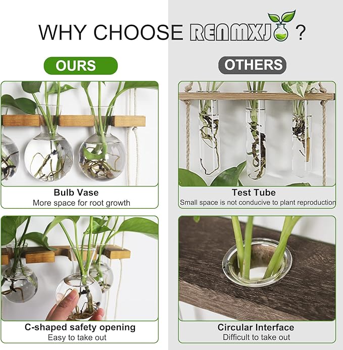 Plant Propagation Station Wall Hanging, Plant Terrarium with 2 Tiered Wooden Stand for Hydroponics Plants, Unique Gardening Gifts for Women Mom Plants Lovers - 6 Bulb Glass Vases