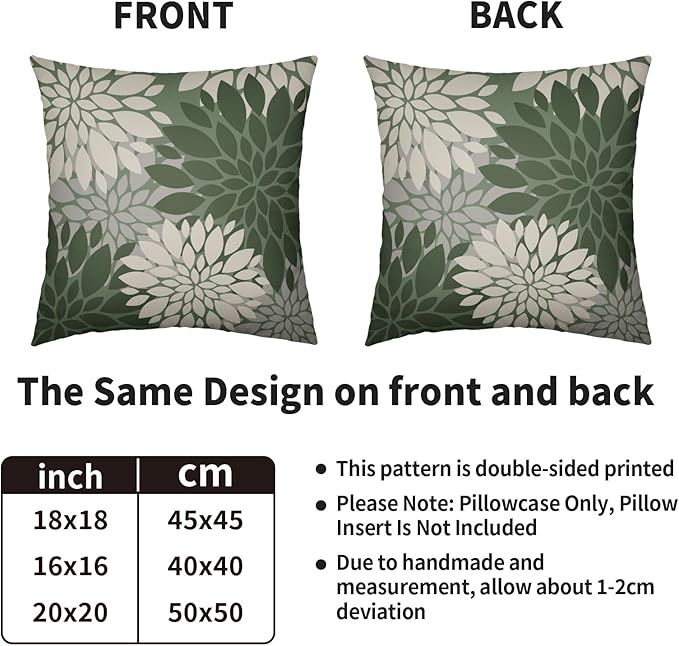 Sage Green Cream Grey Gray Pillow Covers 22X22 Inch Set of 2, Modern Dahlia Floral Print Decorative Throw Pillow Covers Outdoor Farmhouse Cushion Case for Home Couch Sofa Bed Decoration