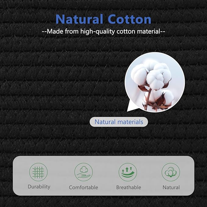 Cotton Rope Storage Basket, 15x10x9 Inches, Woven Basket for Shelves, Clothes, Towels, Books, and Laundry, Black (1 Pack)