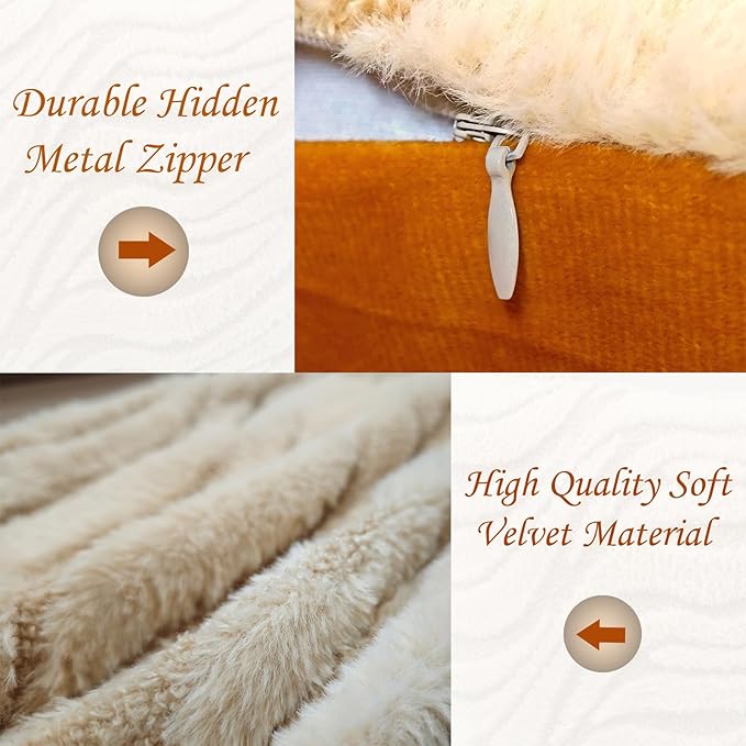 Khaki Couch Pillow Covers 20" x 20" Striped Elegant Fluffy Decorative Pillow Covers Set Faux Fur Boho Texture Throw Pillow Covers Decor for Sofa Chair Livingroom - 2 Pieces