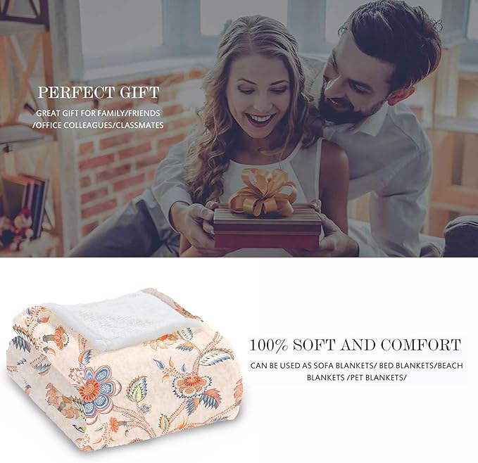 Boho Floral Throw Blanket, Bohemian Soft Cozy and Warm Couch Blankets Gift for Flower Lover, Decorative Blankets for Sofa Couch Bed, White Yellow 50×60 inches