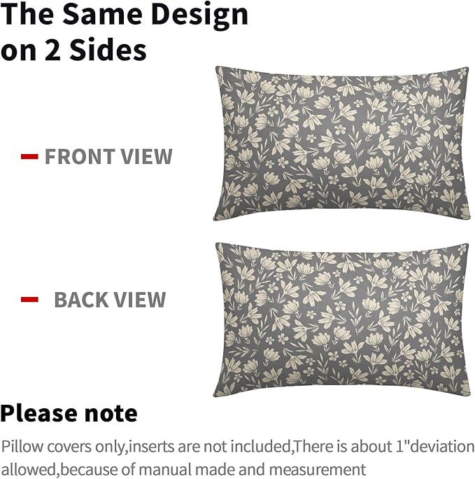 Grey Gray Pillow Covers 12x20 Set of 2 Vintage Floral Rustic Old Style Cute Flower Print Rectangle Decorative Outdoor Pillowcases Seasonal Farmhouse Throw Cushion Case Couch Sofa Bed Decor