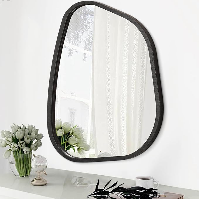 Irregular Wall Mirror Asymmetrical White Mirror Modern Wood Frame Unique Shape Wall Mounted Vanity Artistic Mirror Decor for Living Room Bedroom Bathroom Entryway Hallway 14"x10"