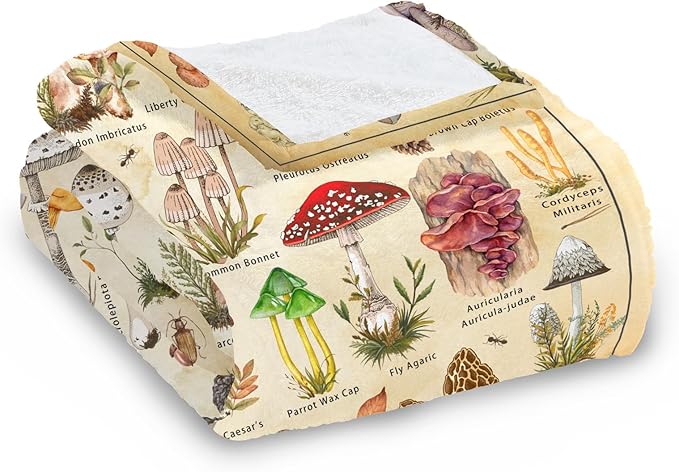 Mushroom Throw Blanket, Retro Soft Cozy and Warm Couch Blankets Gift for Mushroom Lover, Decorative Blankets for Sofa Couch Bed, Beige White 50×60 inches