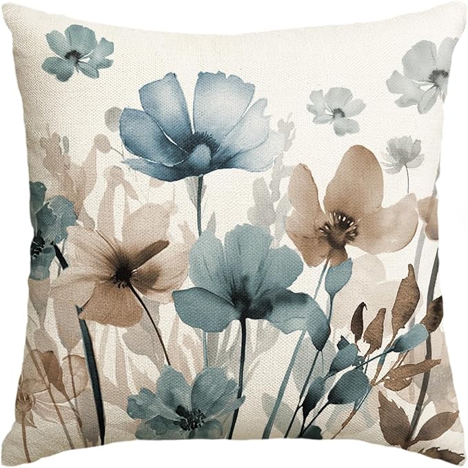 AVOIN colorlife Poppy Flowers Chinoiserie Spring Throw Pillow Cover, 18 x 18 Inch Blue Brown Seasonal Leaves Cushion Case Decoration for Sofa Couch Farmhouse