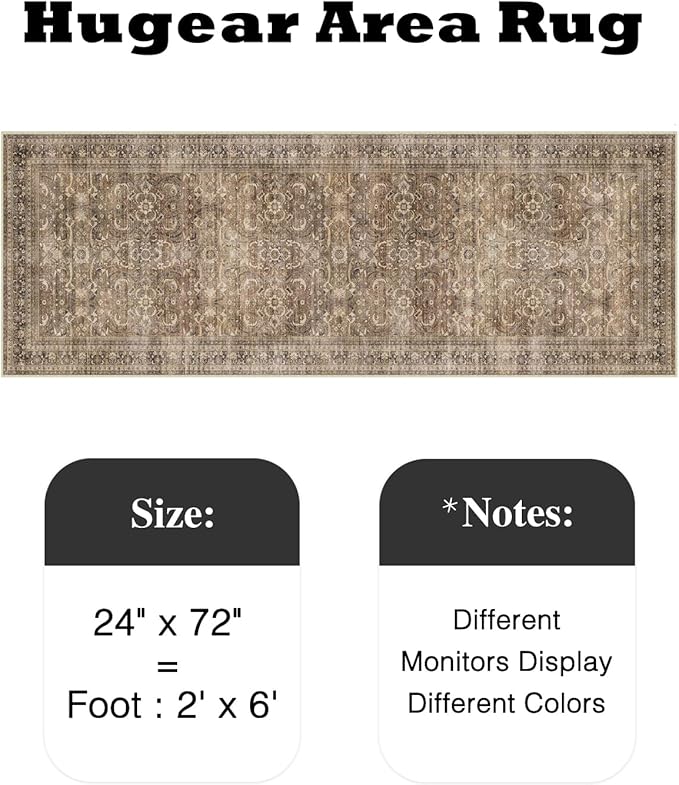 HUGEAR 2x6 Runner Rug Hallway Vintage Brown Machine Washable Retro Floral Low Pile Carpet Vacuumable Distressed Long Throw Rug Bedroom Office Bathroom Kitchen Laundry Non Slip Soft Lightweight