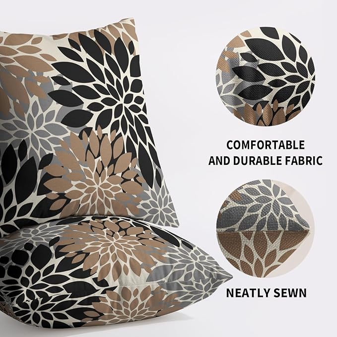 Black Light Brown Pillow Covers 16X16 Inch Set of 2, Spring Summer Floral Dahlia Flower Cream Decorative Throw Pillow Covers Outdoor Modern Farmhouse Cushion Case for Home Couch Sofa Bed Decor