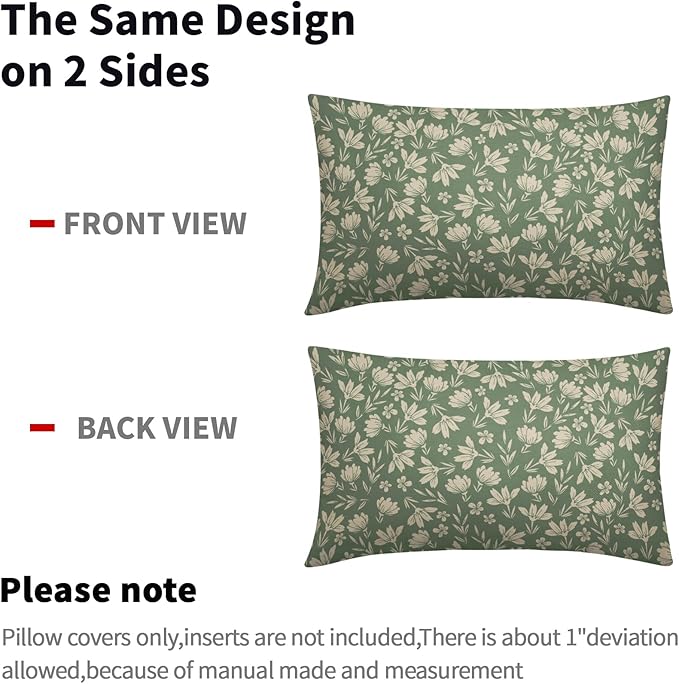 Spring Sage Green Pillow Covers 12x20 Set of 2 Vintage Floral Rustic Old Style Cute Flower Print Decorative Outdoor Pillowcases Seasonal Farmhouse Throw Cushion Case Decor for Couch Sofa Bed