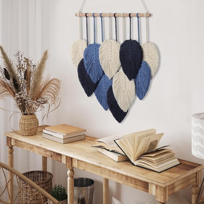 Weldomcor Macrame Wall Hanging Leaves Chic Woven Leaf Tassels Decoration Cotton Ornaments Tapestry Room Decor Modern Bohemian Handmade Feather Wall Art Decorations for Apartment Backdrop (Navy Blue)
