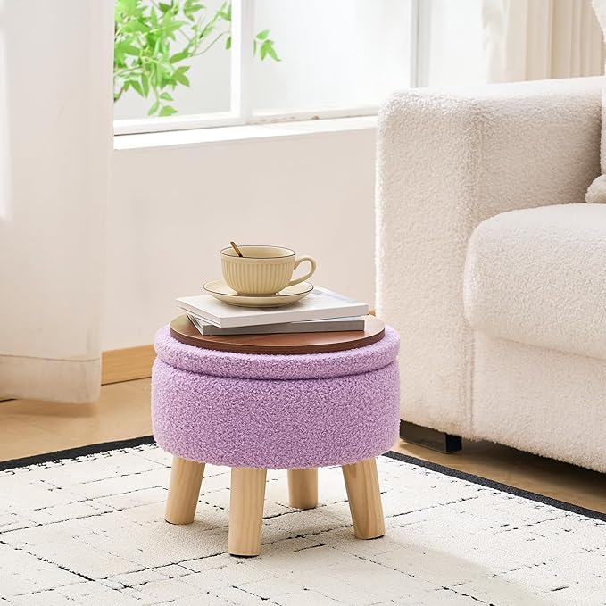 Wimarsbon Storage Ottoman, Modern Round Footrest with Soft Padded Seat, Teddy Velvet Footstool with Wood Legs, Accent Small Table or Plant Stand for Hallway, Living Room (Purple)