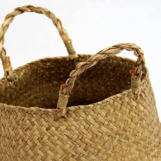 Casaphoria Woven Seagrass Belly Basket for Storage Plant Pot Indoor,Decorative Sturdy and Durable Natural Material Sea Grass Baskets with Handles,Seaweed Round Basket for Organizing(Large)