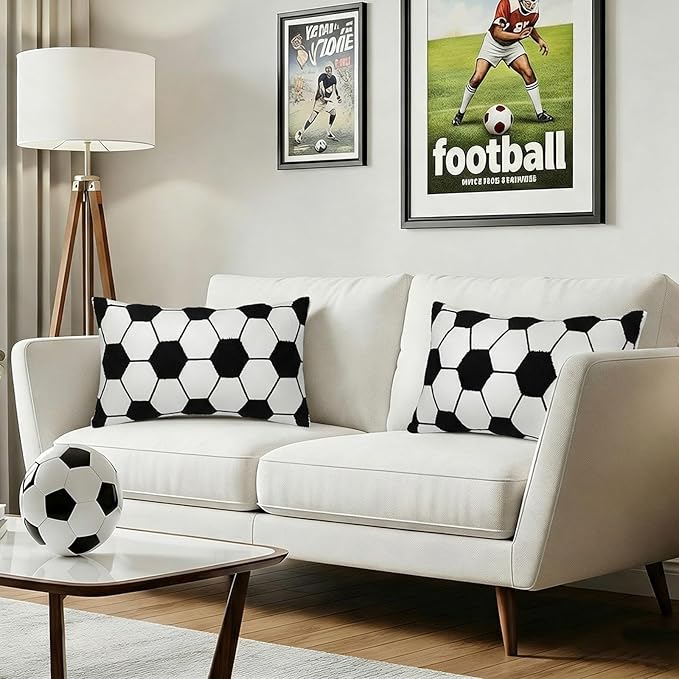 2 Pcs Soccer Ball Velvet Pillow Covers 12 x 20 Inch 3D Tufted Black Soccer Embroidery Sports Theme Decorative Throw Cushion Case for Bedroom Sofa Living Room Couch Chair Home Decor