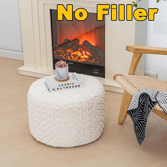 Unstuffed Pouf Ottoman Cover Handmade Footstool Ottoman Storage Solution Floor Pouf Footrest Cushion 20x12 Inches for Living Room Wedding Ivory
