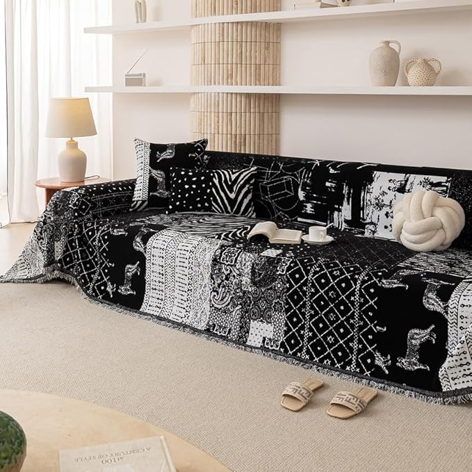 ROOMLIFE Boho Black Couch Covers for 3 Cushion Sofa, Chenille Couch Cover Sectional Sofa Cover for Dog, Washable Furniture Sofa Protector Cover Soft Blanket with Tassel for Living Room, 71 '' X 134''