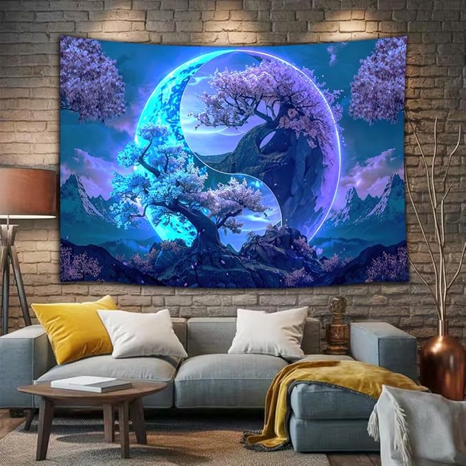 JAWO Tree Life Tapestry Aesthetic, Flowers Sun and Moon Art Tapestry Wall Hanging for Girls Bedroom, Cool Nature Galaxy Yin Yang Anime Tapestries Poster of Dorm Home Decor 90X70 Inches, Blue