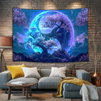 JAWO Tree Life Tapestry Aesthetic, Flowers Sun and Moon Art Tapestry Wall Hanging for Girls Bedroom, Cool Nature Galaxy Yin Yang Anime Tapestries Poster of Dorm Home Decor 71X60 Inches, Blue