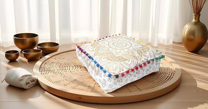 CRAFT KALA 16" Square Large Hippie Mandala Meditation Floor Ottoman Pillow Cushion Pouf Cover Square Poufs Bohemian Circle Floor Cushion Case Outdoor Fireplace Living Decor Cover White Gold Flower