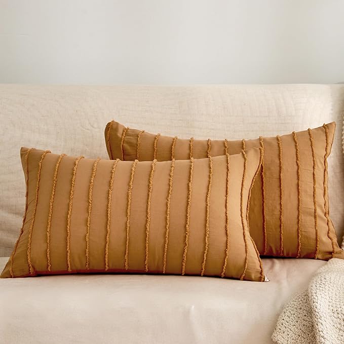 JELLYMONI 2 Pack Rust Pillowcases 12" x20", Soft Microfiber Striped Tufted Pillow Covers(Pillows are not Included)