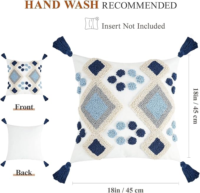 Blue Boho Decorative Lumbar Pillow Cover 18x18, Neutral Tufted Throw Pillow Cover, Modern Mid Century Farmhouse Pillow Cover Geometric Pillowcase with Tassels for Couch Bed Sofa Bedroom Living Room