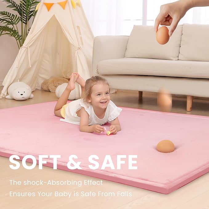 Baby Play Mat for Floor,1.3" Thick Memory Foam Tummy Time Mat for Toddlers,Infants,Kids,Soft Coral Velvet,Extra Large Non Slip for Crawling,Yoga,Tatami Style for Living Room(Pink)