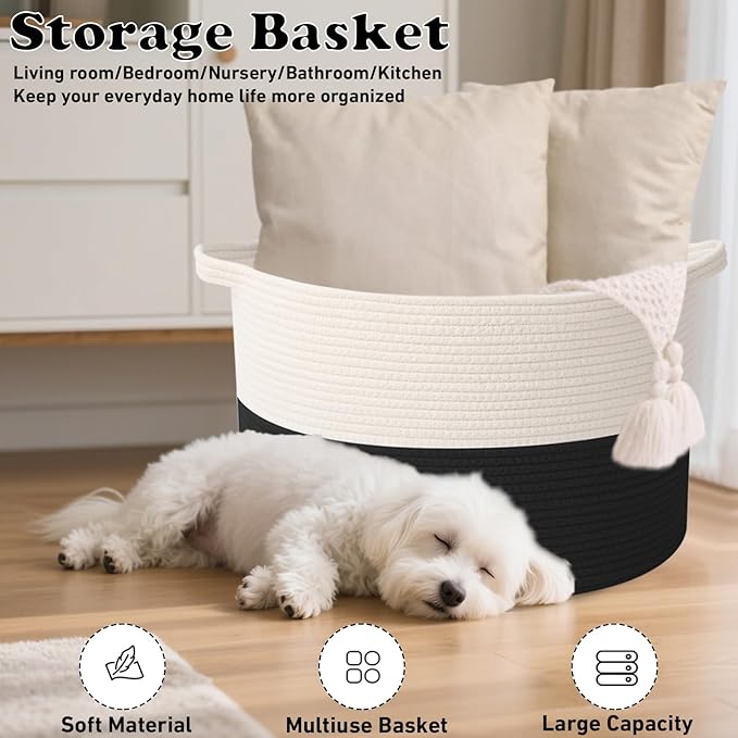 90L Large Blanket Basket,21.7"L x 21.7"W x 13.8"H Rope Woven Baskets with Handles, Toys Storage Bins,Laundry Basket Perfect for Living Room, Nursery,Bedroom,Home Organization,White&Black