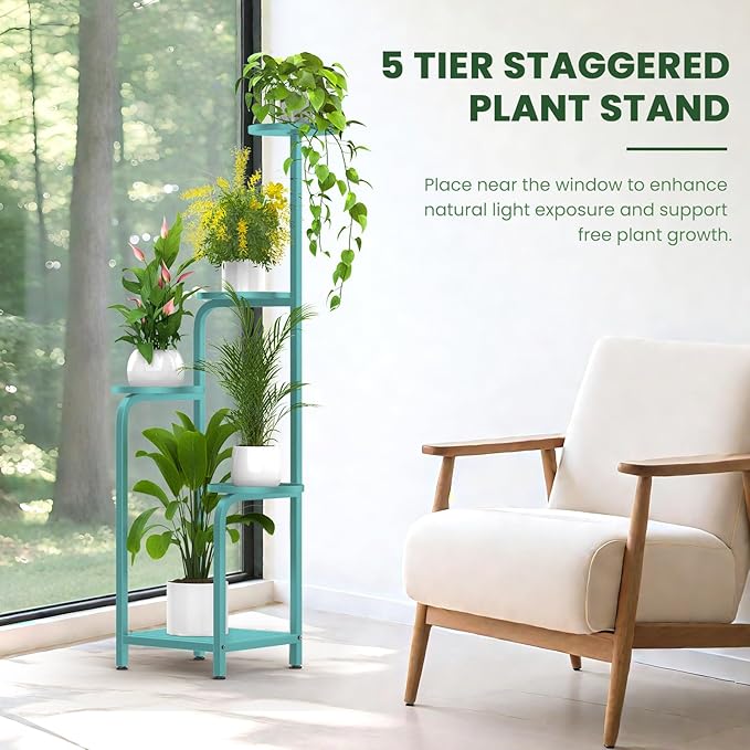TOSKING 5 Tier Tall Plant Stand Indoor Outdoor,Anti-Tip Plant Stand indoor, Wide Base for Pots, Child and Pet Friendly,Heavy Duty Corner Shelf for Plants & Decor, Space Saving ,Tiered Metal Flower Pot Stand for Balcony, Garden, Living Room, Patio (Blue...