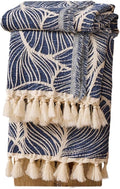DOWN HOME Chenille Cotton Throw Blanket for Couch, Lightweight Boho Blanket for Bed Sofa Chair Living Room Outdoor Soft Woven Decorative Blanket with Tassel Gift Navy Leaves 55"x60"