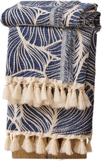 DOWN HOME Chenille Cotton Throw Blanket for Couch, Lightweight Boho Blanket for Bed Sofa Chair Living Room Outdoor Soft Woven Decorative Blanket with Tassel Gift Navy Leaves 55"x60"
