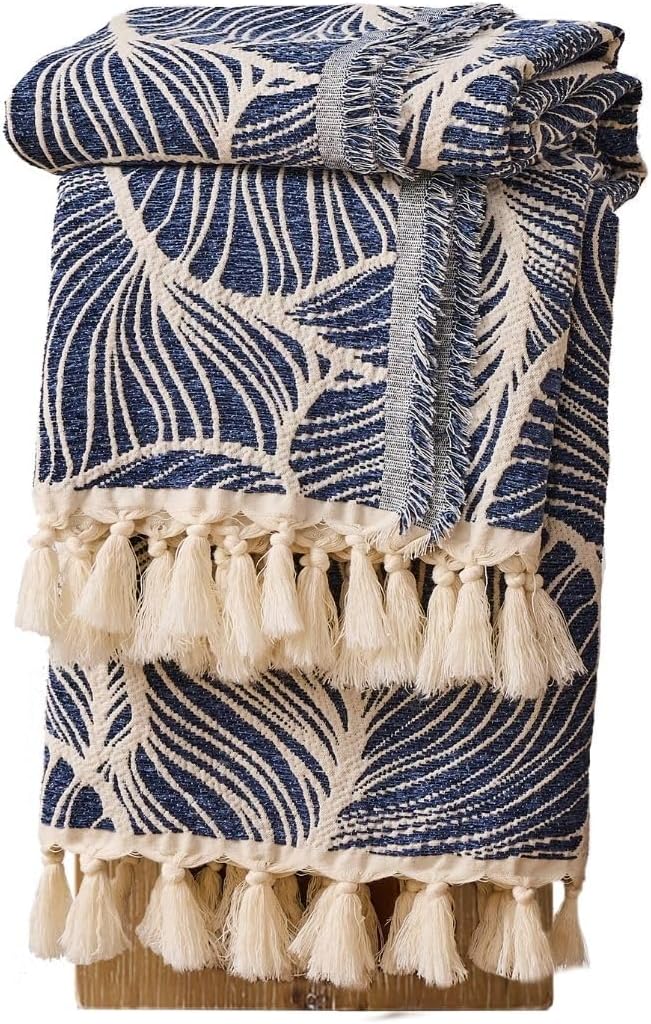 DOWN HOME Chenille Cotton Throw Blanket for Couch, Lightweight Boho Blanket for Bed Sofa Chair Living Room Outdoor Soft Woven Decorative Blanket with Tassel Gift Navy Leaves 60"x80"