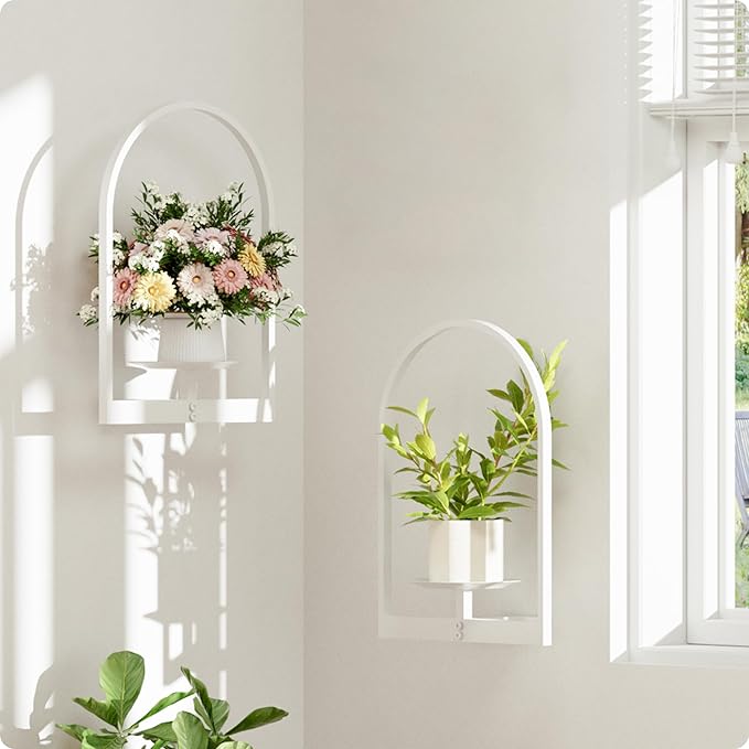 White Metal Wall Plant Holder - 2-Pack Wall Mounted Plant Stands and Hanging Holders for Indoor Planter and Flower Pot - Arch Decor Shelf for Plant Storage (Pot Not Included)