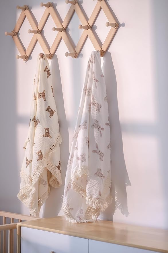 Little Jump Cotton Muslin Swaddle Blankets with Tassel, Boho Bohimia Muslin Baby Blanket Neutral with Fringe, Vintage Teddy Bear Nursery Decor Muslin Throw Blanket 47" x40" (Teddy Bears)