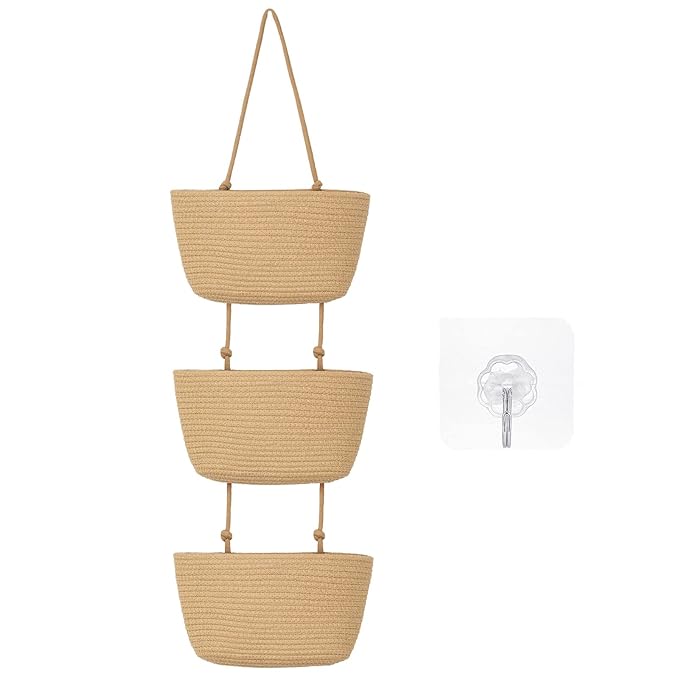Xuhal Over The Door Hanging Basket Organizer Boho Woven Wall Baskets Storage 3 Tier Cotton Wall Mounted Decorative Bag Hanging Nursery Baskets for Books Flowers Toys Closet Living Room Bathroom