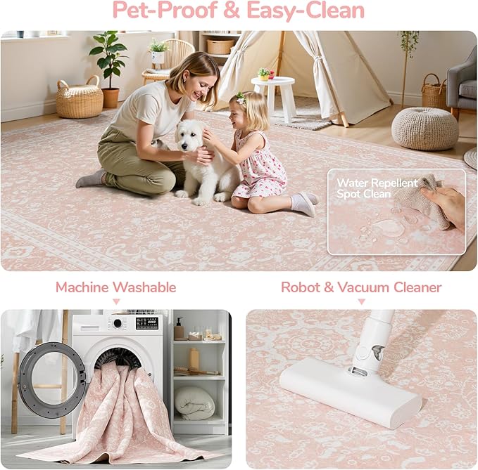 Lessymo 5x7 Area Rugs- Machine Washable Area Rugs, Super Soft Faux-Wool Area Rug for Living Room Bedroom, Boho Area Rug Vintage Floral Medallion Non-Slip Low Pile, Kid & Pet Friendly, Pink