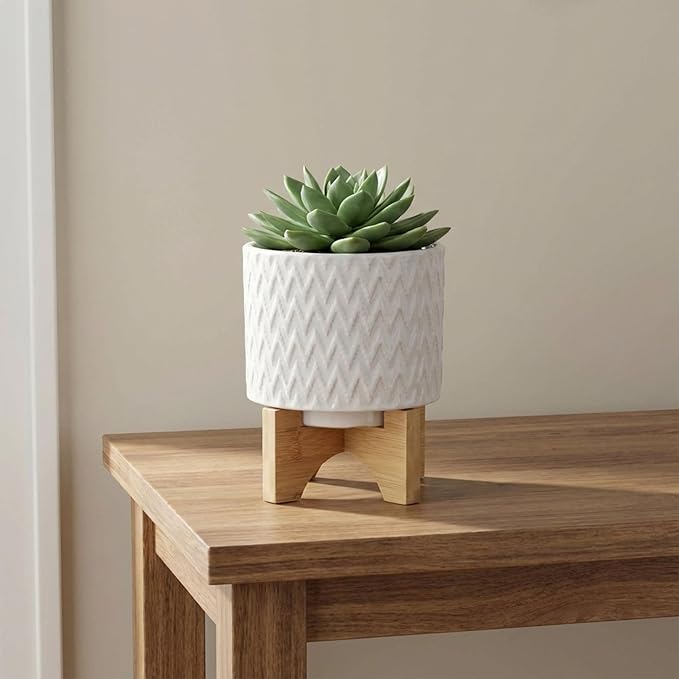 Ceramic Planter with Elevated Stand – Bamboo Indoor Plant Stand, Display for Greenery, Shelf or Patio Placement – Textured Round Design for Sculptural Height, Home Decor, Outdoor Decor – 8", White