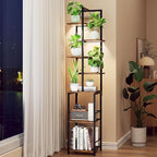 Plant Stand Indoor with Grow Light, 7-Tiered Tall Plant Stand Indoor, Metal Plant Shelf with Bookshelf Bookcase and Adjustable Light, Ideal for Living Room, Reading room, Garden, Patio (Brown)