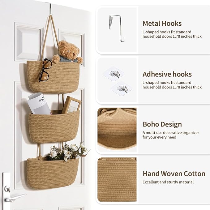 ANTIS'S HOME Over The Door Organizer Hanging Basket, 3-Tier Woven Cotton Wall-Mounted Nursery Storage Organizer Bag Boho Decorative Hanging Nursery Baskets for Living Room Bedroom - Honey