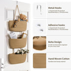 ANTIS'S HOME Over The Door Organizer Hanging Basket, 3-Tier Woven Cotton Wall-Mounted Nursery Storage Organizer Bag Boho Decorative Hanging Nursery Baskets for Living Room Bedroom - Honey