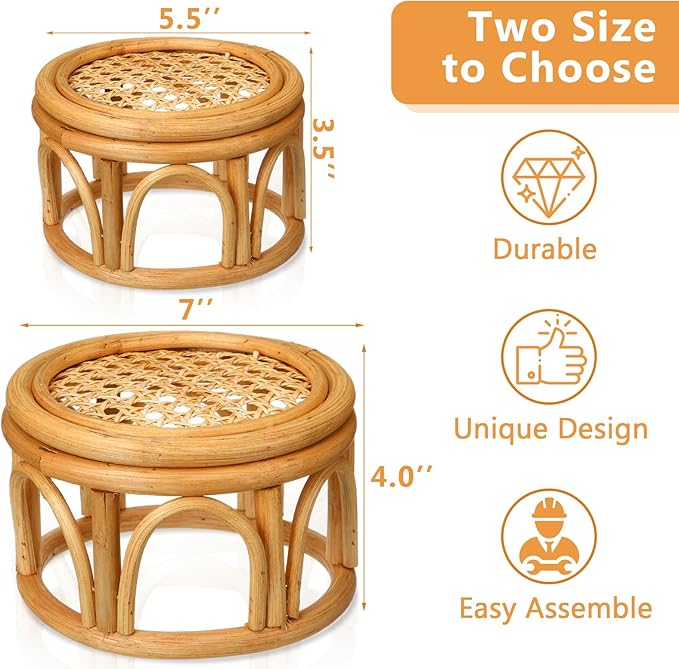 Wenqik 4 Pcs Boho Rattan Plant Stand Woven Wicker Round Riser Stand Indoor Rustic Farmhouse Natural Circle Plant Pedestal Round Accent Centerpiece for Home Kitchen Office Display, 2 Size