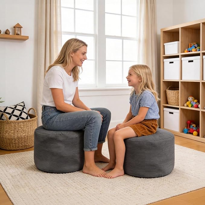 2PCS 20 * 20 * 12inch Unstuffed Ottoman Pouf Cover Unfillable Pouf Cover Foot Rest with Storage Corduroy Round Foot Stool Covers for Living Room Bedroom Home Decor,Grey