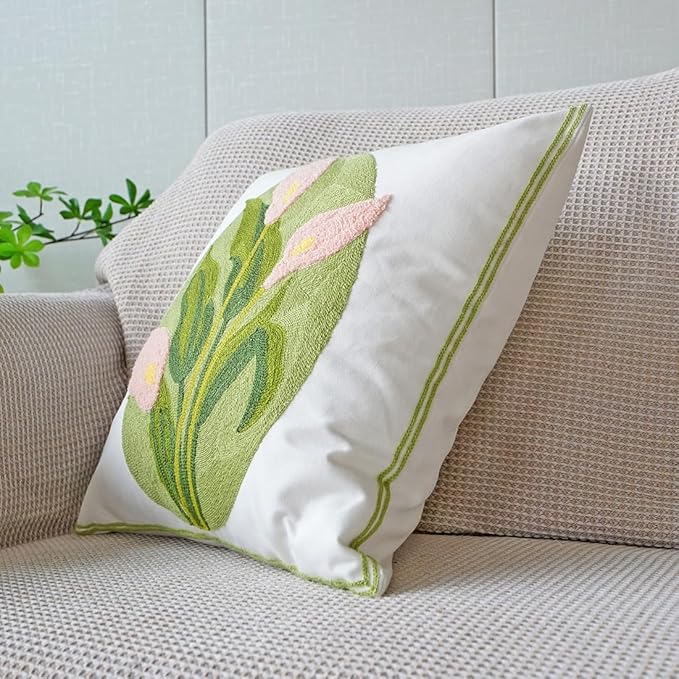 vctops Farmhouse Calla Lily Cotton Tufted Throw Pillow Cover Spring Floral Embroidery Pillowcase Soft Square Cushion Case for Sofa Couch Bed Chair (Pink C,18"x18")