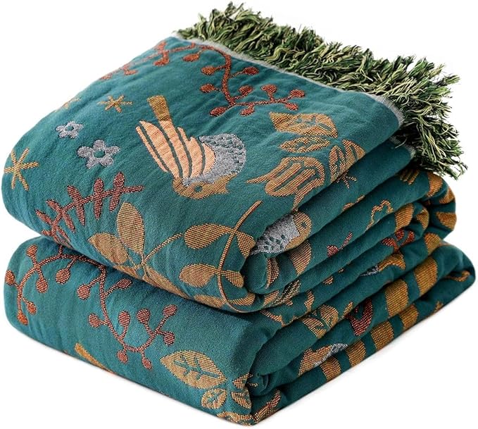 Boho Throw Blanket for Bed 100% Cotton Soft Quilt Spring Lightweight Blanket Bird Floral Embroidery Room Decor Twin Bed Blankets,60"x80" All Season Breathable Throw for Sofa&Couch Chair