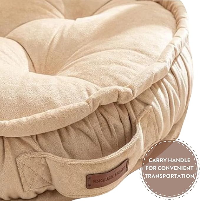 English Home Floor Pillow, Round Boho Floor Pillow, Thick Quilted Seat Cushion, Cat and Dog Bed, Comfortable Floor Cushions for Adults, Soft Meditation Cushion, Bench Cushion, Beige, 22" 5" Inch