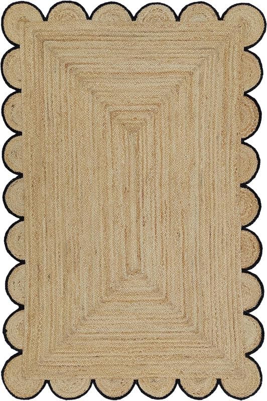 Weaving Cottage Scalloped Natural Jute Area Rug | Beige & Black, 2X3 FT Handwoven Jute Doormat | Eco-Friendly, Durable, and Stylish | Perfect for Living Room, Bedroom, and Entryway
