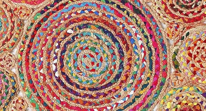 Jute Cotton Braided Boho Area Rug, 2' Round - Natural, Handmade, Hand Woven Farmhouse Reversible Rugs for Living Room, Kitchen, Bedroom, Hallway, Entryway - 2 Feet Round Multicolor
