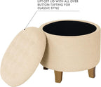 HomePop by Kinfine Fabric Upholstered Round Storage Ottoman - Button Tufted Ottoman with Removable Lid, Light Tan Textured Solid