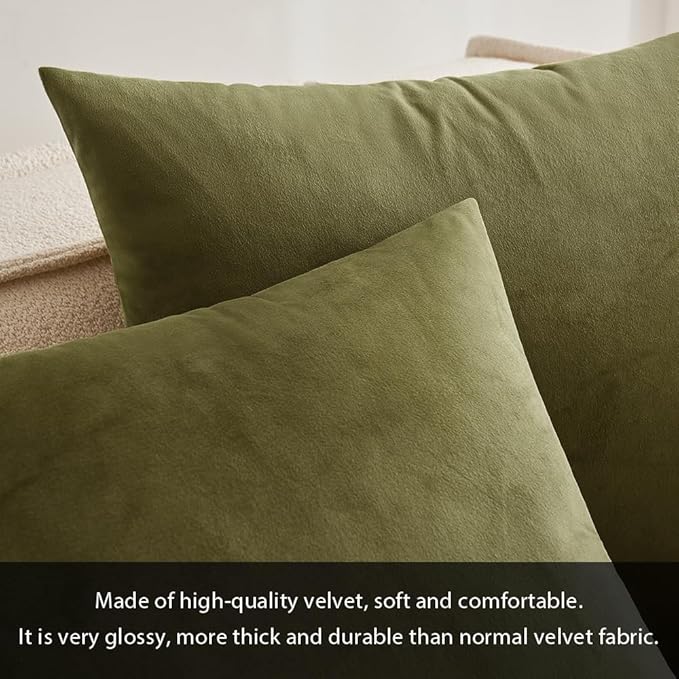 MIULEE Velvet Throw Pillow Covers 16x16 Inch, Pack of 2 - Light Olive Green, Soft Solid Decorative Pillow Covers Cushion Cases Modern Luxury Home Decor for Spring Couch Sofa Bedroom Livingroom